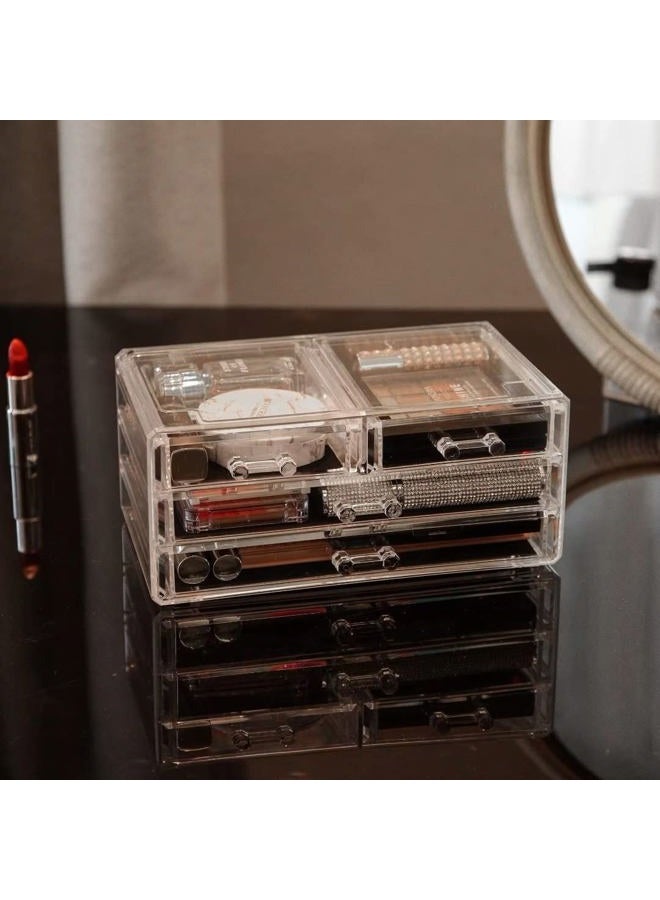 Cq acrylic منظم مكياج شفاف للتخزين والتكديس مع 4 أدراج لحافظة مستحضرات التجميل والعناية بالبشرة، حامل مكياج للمجوهرات وإكسسوارات الشعر ومنتجات العناية بالجمال، مجموعة من 2 - Image 5