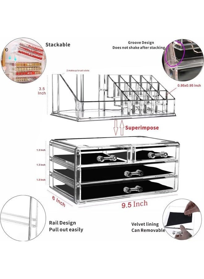 Cq acrylic منظم مكياج شفاف للتخزين والتكديس مع 4 أدراج لحافظة مستحضرات التجميل والعناية بالبشرة، حامل مكياج للمجوهرات وإكسسوارات الشعر ومنتجات العناية بالجمال، مجموعة من 2 - Image 2