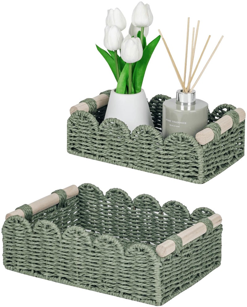 CubesLand Scalloped Edge Decor Baskets for Home, Living Room, Toilet Paper Storage Basket for Over Toilet Shelf, End Table,Shelves and More, Small Paper Rope Baskets Both Storage&Decor, Set 2 Green - Image 1