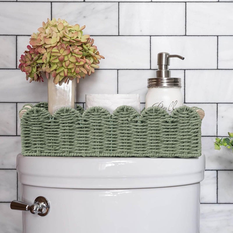 CubesLand Scalloped Edge Decor Baskets for Home, Living Room, Toilet Paper Storage Basket for Over Toilet Shelf, End Table,Shelves and More, Small Paper Rope Baskets Both Storage&Decor, Set 2 Green - Image 2