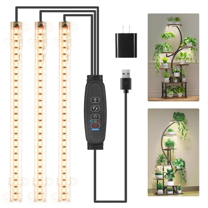 RWNTAO LED Grow Light Strips, Grow Lights for Indoor Plants Full Spectrum 3000K, 78 LEDs Plant Light with 3/9/12H Timer, 10 Dimmable Levels for Seedling Succulent and Plant Shelf, 3 Head 8.6 Inches - Image 1