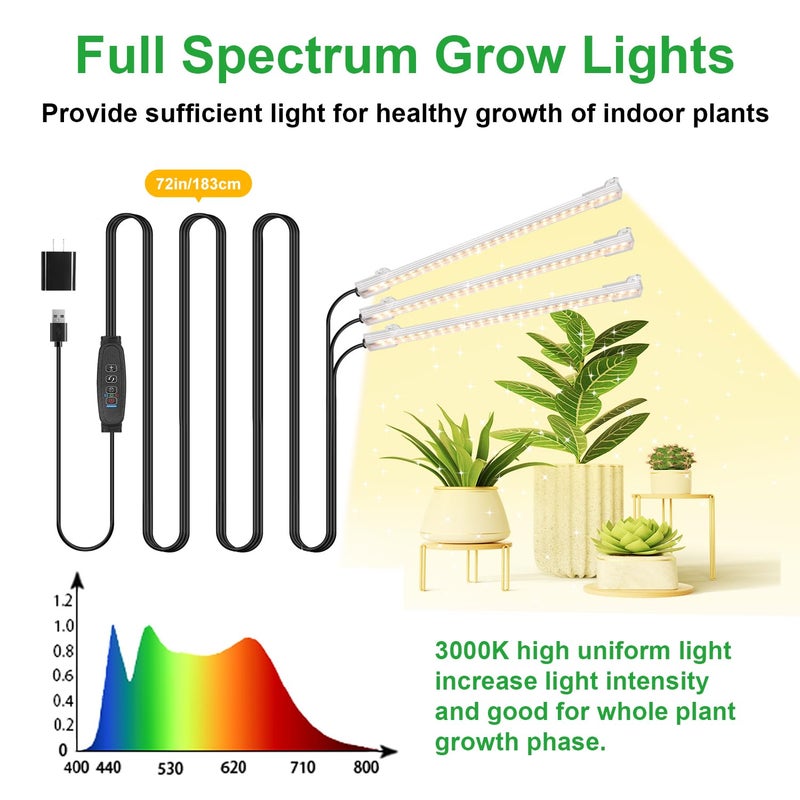 RWNTAO LED Grow Light Strips, Grow Lights for Indoor Plants Full Spectrum 3000K, 78 LEDs Plant Light with 3/9/12H Timer, 10 Dimmable Levels for Seedling Succulent and Plant Shelf, 3 Head 8.6 Inches - Image 2