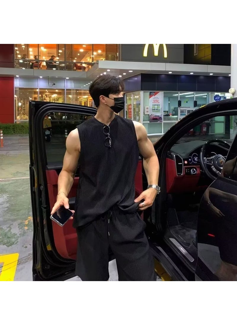 Generic American Style Mens Sports Vest Without Sleeves Trendy Brand Fitness Summer Shoulder Vest For Training And Muscle Showing Sweat Black [a vest and pants]] 