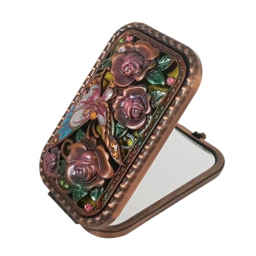 Jtbling Vintage Metal Retro Portable Mini Mirror Rectangular Cosmetic Fold Mirror 1X/2X Magnifying Pocket Makeup Mirror Compact Travel Mirror Handheld Mirror Flip Mirror (Butterfly Flower) - Image 1