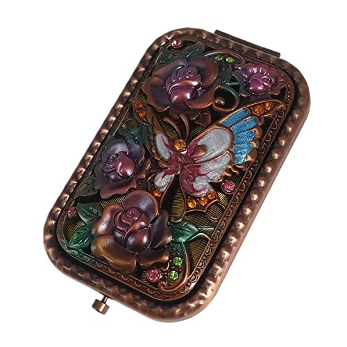 Jtbling Vintage Metal Retro Portable Mini Mirror Rectangular Cosmetic Fold Mirror 1X/2X Magnifying Pocket Makeup Mirror Compact Travel Mirror Handheld Mirror Flip Mirror (Butterfly Flower) - Image 5