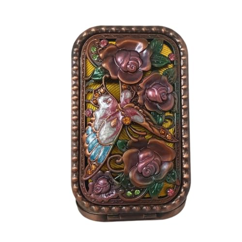 Jtbling Vintage Metal Retro Portable Mini Mirror Rectangular Cosmetic Fold Mirror 1X/2X Magnifying Pocket Makeup Mirror Compact Travel Mirror Handheld Mirror Flip Mirror (Butterfly Flower) - Image 2