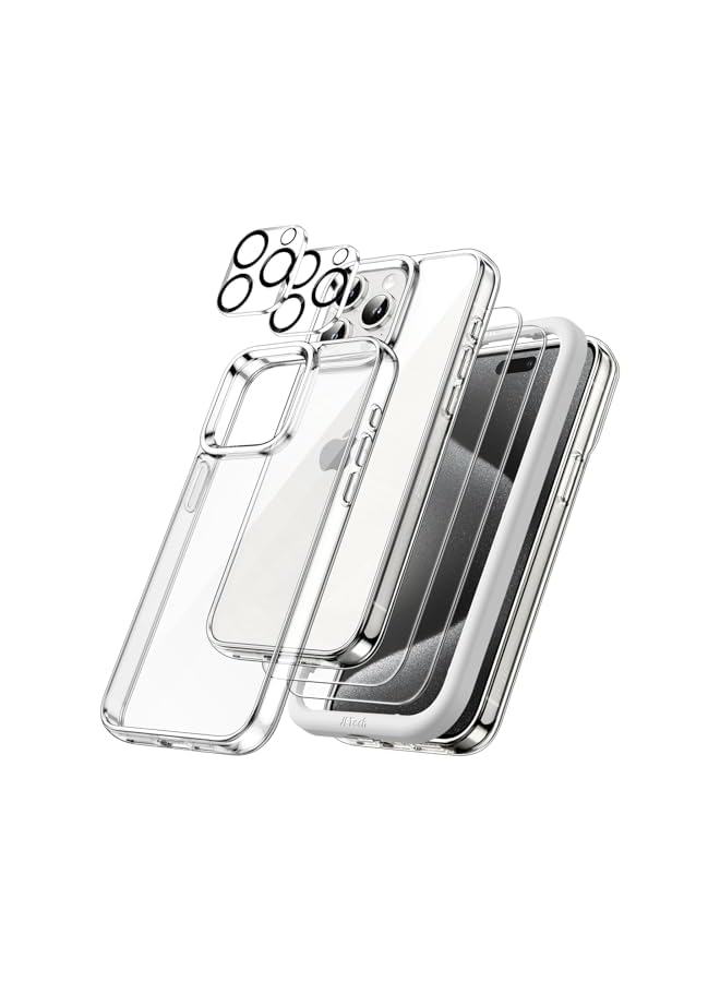 جي تيك حافظة JETech 5 في 1 لهاتف iPhone 15 Pro مقاس 6.1 بوصة مع عبوتين لكل واقي شاشة من الزجاج المقوى وواقي عدسة الكاميرا، غطاء هاتف ممتص للصدمات غير أصفر اللون (شفاف) - Image 1