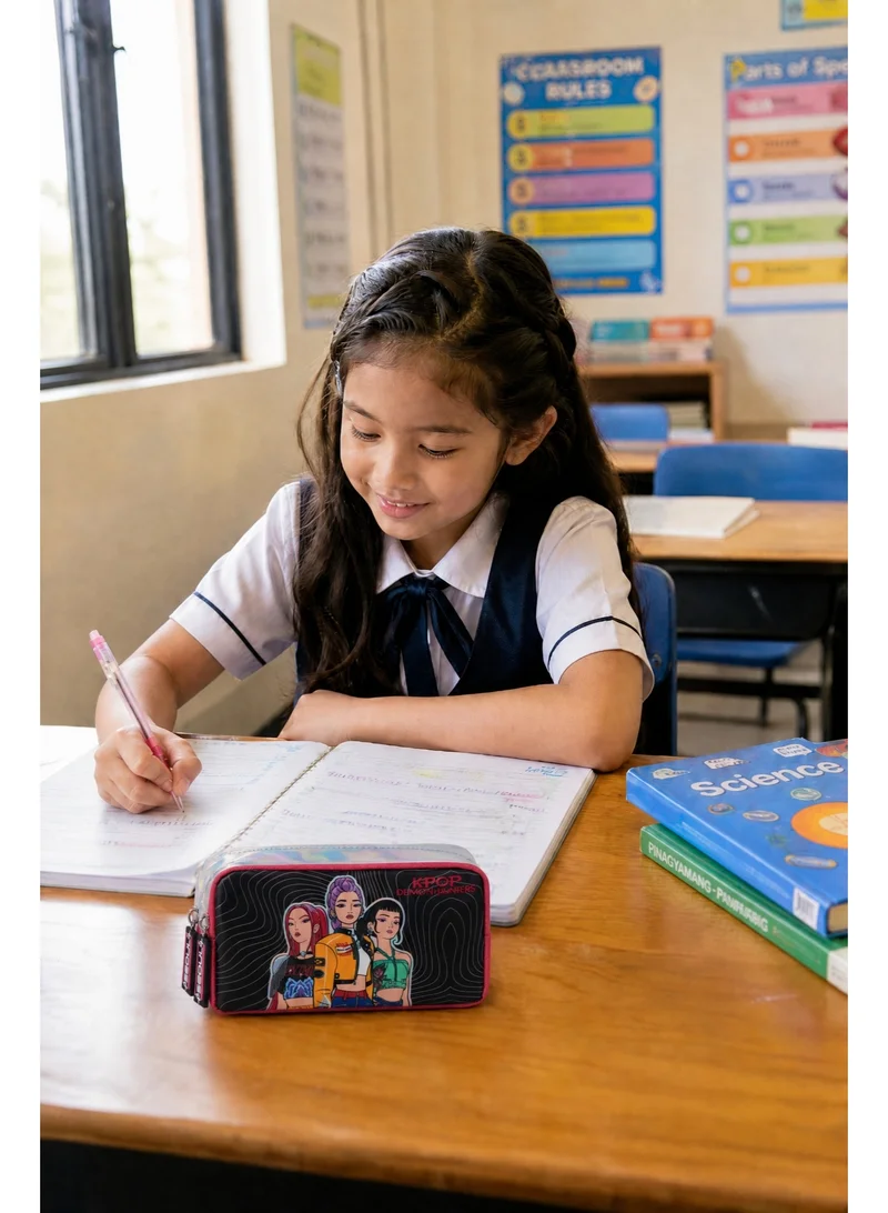نيتفليكس Netflix KPop Demon Hunters Regular Pencil Case | Huntrix Double Zipper Pencil Pouch for Kids & Teens | Large Capacity School Stationery Organizer | Durable K-Pop Inspired Pencil Case