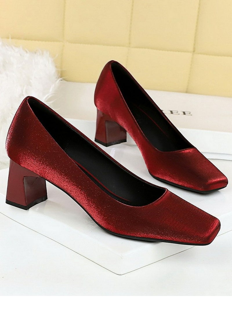 BIGTREE Womens Chunky Mid Heels Square Closed Toe Satin Pumps Wine Red 5CM - Image 2
