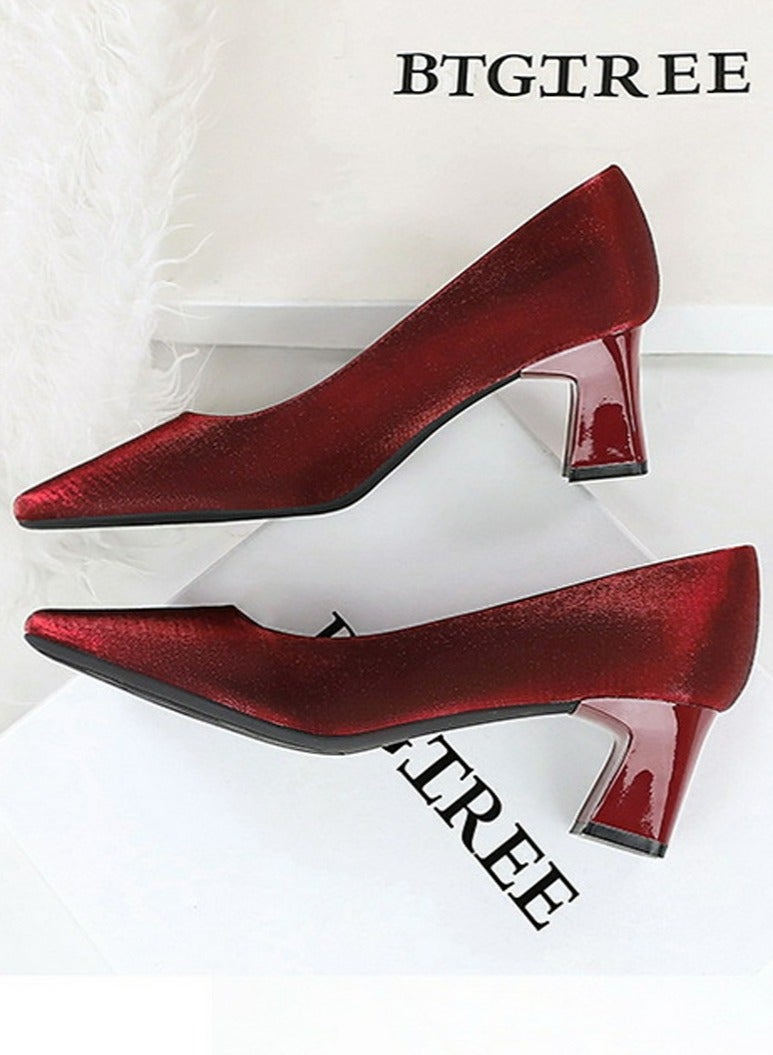 BIGTREE Womens Chunky Mid Heels Square Closed Toe Satin Pumps Wine Red 5CM - Image 3