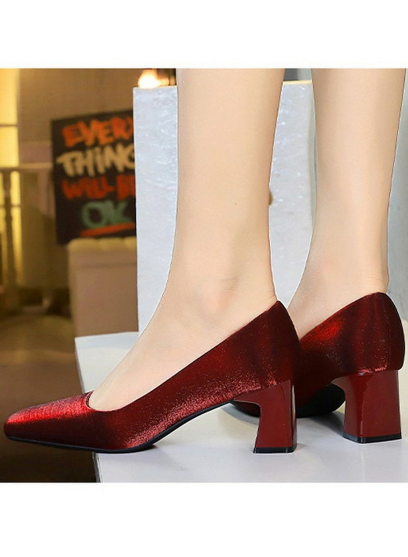 BIGTREE Womens Chunky Mid Heels Square Closed Toe Satin Pumps Wine Red 5CM - Image 5