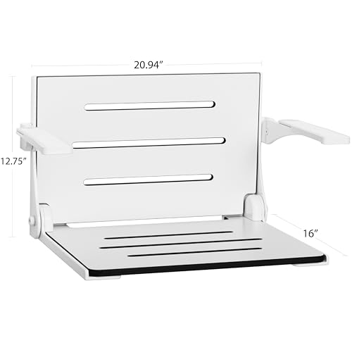 Seachrome Silhouette Comfort Folding Wall Mount Shower Bench Seat with Arms, White Seat with White Frame - Image 3