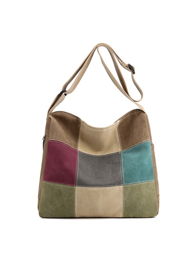 The color of coffee Women Canvas Shoulder Multi-Color Splice Crossbody Large Top Handle Multi-Pocket Tote Handbag Satchel  - Image 1