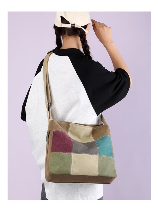 The color of coffee Women Canvas Shoulder Multi-Color Splice Crossbody Large Top Handle Multi-Pocket Tote Handbag Satchel  - Image 4