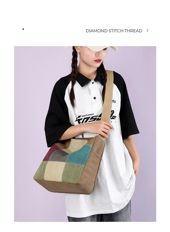 The color of coffee Women Canvas Shoulder Multi-Color Splice Crossbody Large Top Handle Multi-Pocket Tote Handbag Satchel  - Image 3