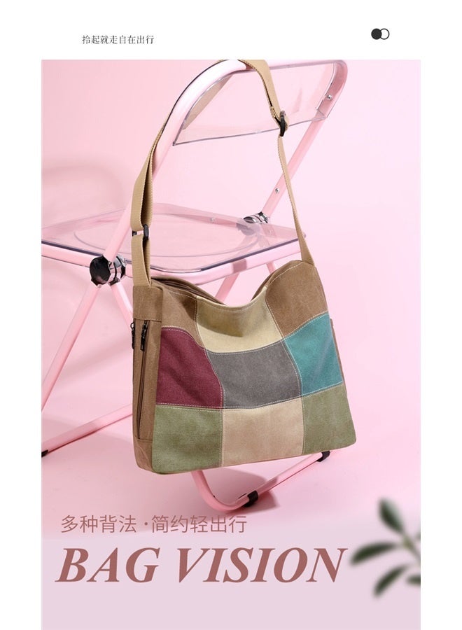 The color of coffee Women Canvas Shoulder Multi-Color Splice Crossbody Large Top Handle Multi-Pocket Tote Handbag Satchel  - Image 2