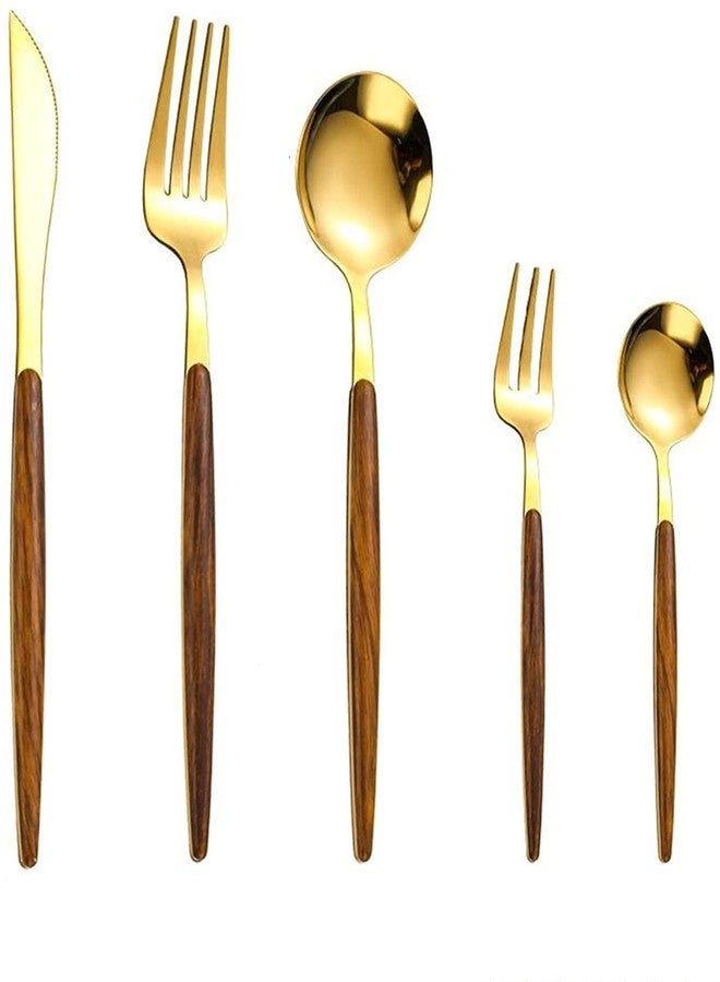 SIYANSHU Luxury Flatware, Royal 5 Piece Wooden Handle Handle 18/10 Stainless Steel Tableware Sets for 1 Including Forks Spoons Knives, Camping Silverware Travel Utensils Set Cutlery (Pack of-1, Gold) - Image 1