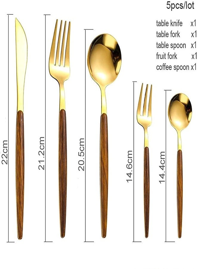 SIYANSHU Luxury Flatware, Royal 5 Piece Wooden Handle Handle 18/10 Stainless Steel Tableware Sets for 1 Including Forks Spoons Knives, Camping Silverware Travel Utensils Set Cutlery (Pack of-1, Gold) - Image 2