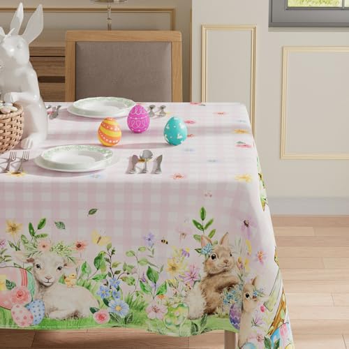 XCHI Plaid Bunny Lamb Eggs Chick Cross Flowers Rabbit Easter Tablecloth Rectangle Table Cloth Washable Table Covers for Indoor Dining Home Party Decorations 60x84 Inch - Image 2