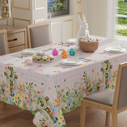 XCHI Plaid Bunny Lamb Eggs Chick Cross Flowers Rabbit Easter Tablecloth Rectangle Table Cloth Washable Table Covers for Indoor Dining Home Party Decorations 60x84 Inch - Image 1