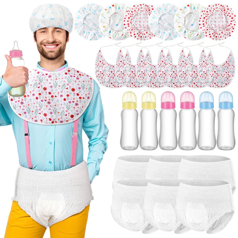 Chicingyou 6 Sets Bottle Chug Baby Shower Games Plastic Baby Bottles Bulk Diapers Gender Reveal Games Hat and Adult Bib Race Game Decoration for Girl Adults (Classic Style,Colourful) - Image 1