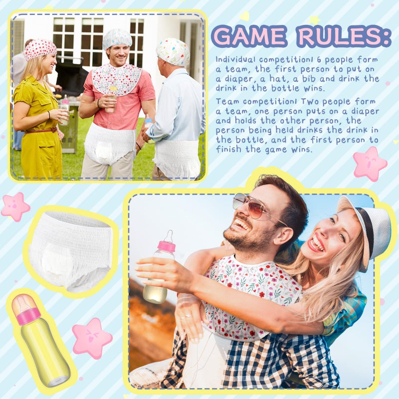 Chicingyou 6 Sets Bottle Chug Baby Shower Games Plastic Baby Bottles Bulk Diapers Gender Reveal Games Hat and Adult Bib Race Game Decoration for Girl Adults (Classic Style,Colourful) - Image 5