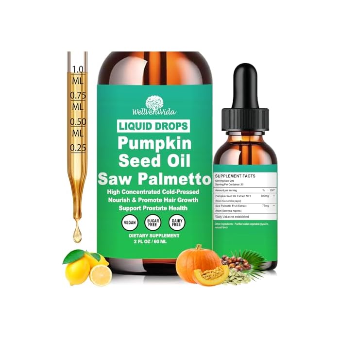 WellVeraVida Pumpkin Seed Oil with Saw Palmetto Drops-High Concentrated Pumpkin Seeds Oil Supplement for Hair, Bladder & Prostate Health丨 Cold Pressed, High Absorption Liquid for Women & Men丨NON-GMO, Vegan, 2Fl Oz - Image 1