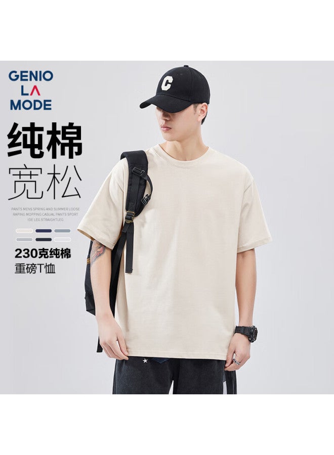 Geniolamode Men's Short Sleeve T-shirt, Pure Cotton Heavyweight Comfortable Breathable Men's Five-point Sleeve Casual All-match Solid Color Top - Image 2