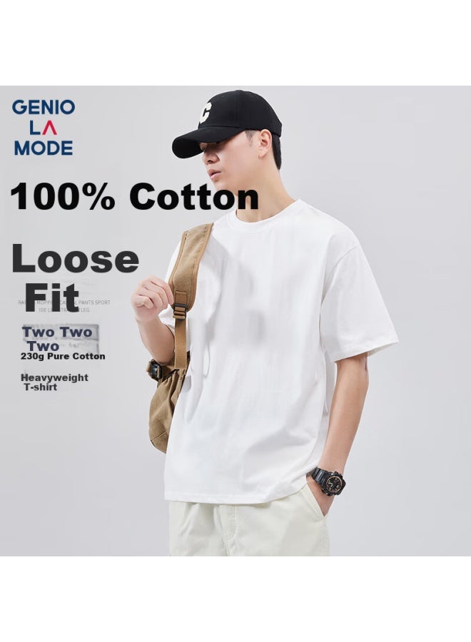 Geniolamode Men's Short Sleeve T-shirt, Pure Cotton Heavyweight Comfortable Breathable Men's Five-point Sleeve Casual All-match Solid Color Top - Image 1