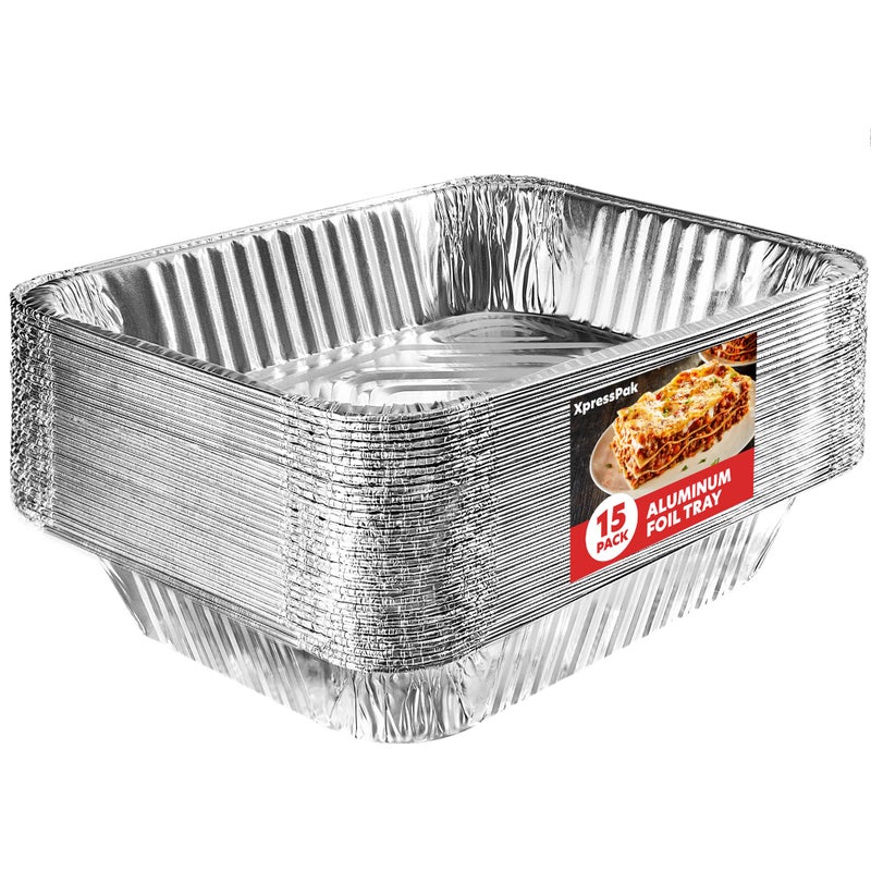 XpressPak Large Aluminium Foil Trays  15Pack Value  Disposable Baking Foil Pans  32X26 cm  10X12 inches  Half Size Deep Steam Table Pans for Baking Roasting  Food Prepping