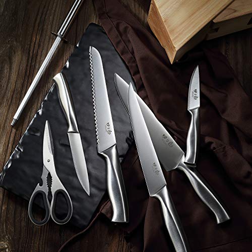 SIXILANG Knife Set, 8 Piece German Stainless Steel Hollow Handle Manual Knife Sharpener Forged Kitchen Knives Set with Oak Wooden Block Gift - Image 3