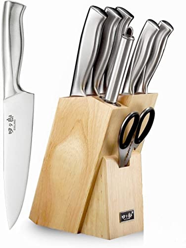 SIXILANG Knife Set, 8 Piece German Stainless Steel Hollow Handle Manual Knife Sharpener Forged Kitchen Knives Set with Oak Wooden Block Gift - Image 1