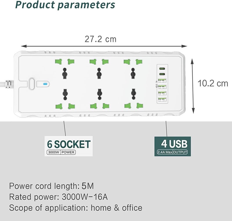Maykela Extension Cord with 6 Outlets and 6 USB Slots 5M Cable Cord Power Strip 6 Way Universal Socket Power Strips Extension Lead Outlets Plug,Wall Mount UK Plug Cable 3000W Surge Protector White - Image 2