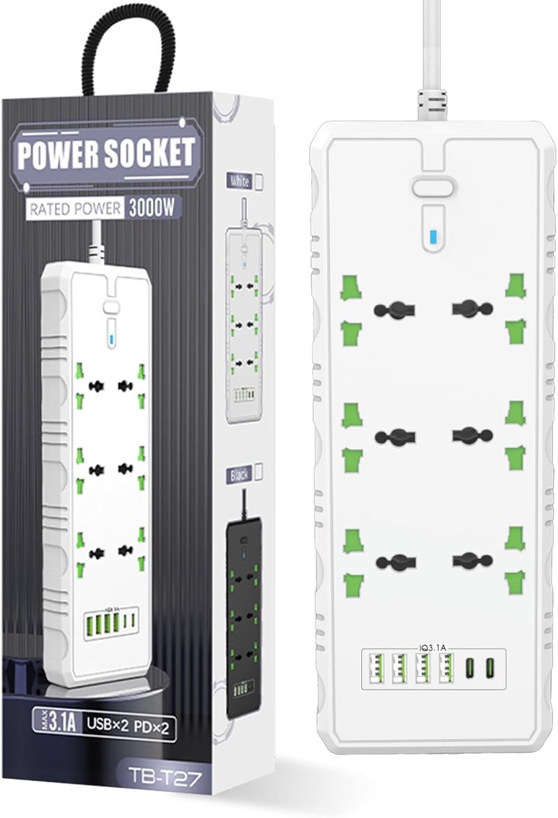 Maykela Extension Cord with 6 Outlets and 6 USB Slots 5M Cable Cord Power Strip 6 Way Universal Socket Power Strips Extension Lead Outlets Plug,Wall Mount UK Plug Cable 3000W Surge Protector White - Image 1
