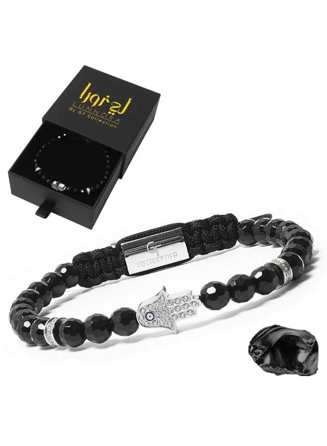 لونورا خرز العقيق الأسود سوار خرز من الحجر الطبيعي مصنوع يدويًا – سوار للرجال، سوار رجالي، هدية للرجال، أساور للرجال – مع يد همسة فضية، قابل للتعديل بمقاس واحد للجميع