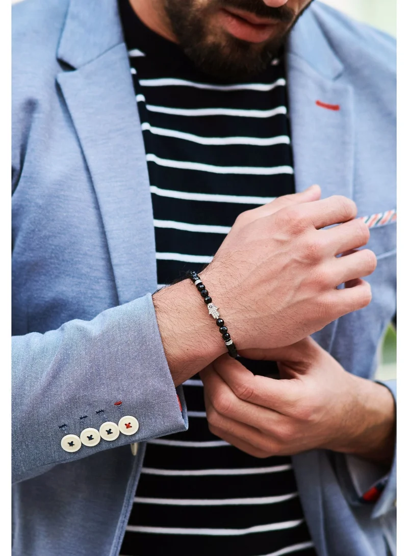 Lunnora black Black Onyx Beads Handmade Natural Stone Bead Bracelet – Bracelet for Men, Men’s Bracelet, Gifts for Men, Bracelets for Men – With Silver Hamsa Hand, Adjustable One Size Fits All for Men | Best Price UAE