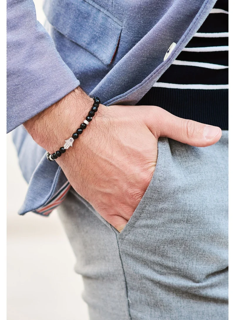Lunnora black Black Onyx Beads Handmade Natural Stone Bead Bracelet – Bracelet for Men, Men’s Bracelet, Gifts for Men, Bracelets for Men – With Silver Hamsa Hand, Adjustable One Size Fits All for Men | Best Price UAE