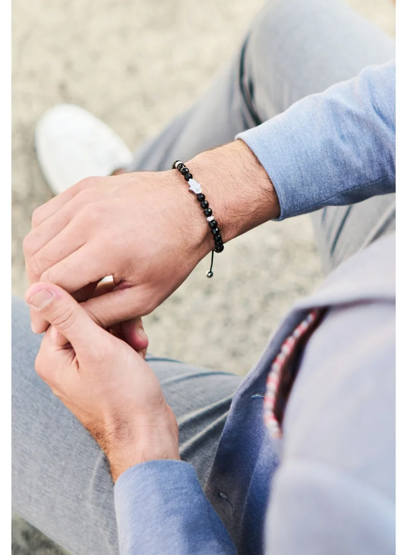 Lunnora black Black Onyx Beads Handmade Natural Stone Bead Bracelet – Bracelet for Men, Men’s Bracelet, Gifts for Men, Bracelets for Men – With Silver Hamsa Hand, Adjustable One Size Fits All for Men | Best Price UAE