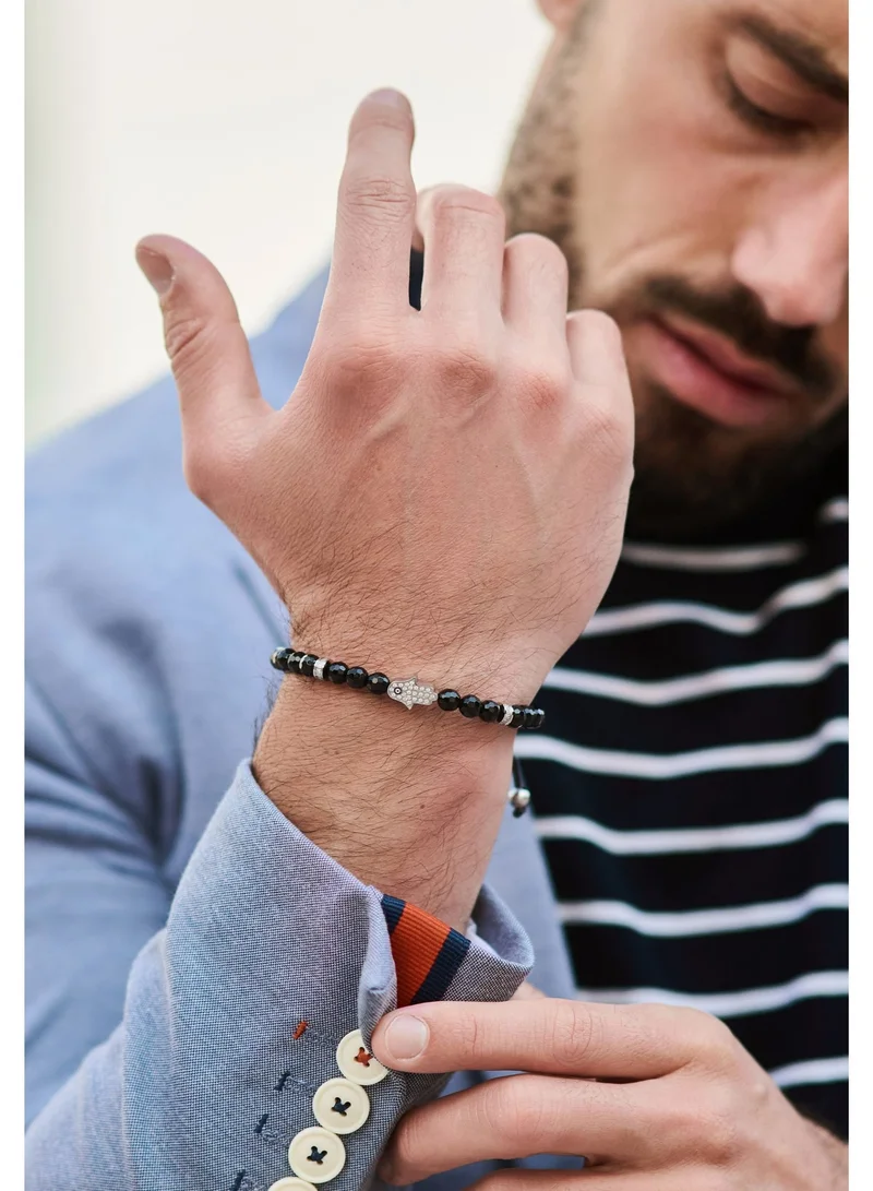 لونورا خرز العقيق الأسود سوار خرز من الحجر الطبيعي مصنوع يدويًا – سوار للرجال، سوار رجالي، هدية للرجال، أساور للرجال – مع يد همسة فضية، قابل للتعديل بمقاس واحد للجميع