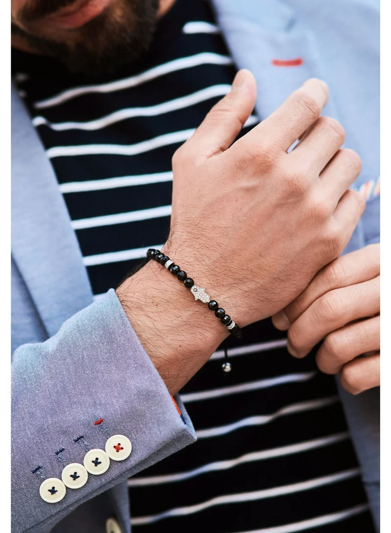 Lunnora black Black Onyx Beads Handmade Natural Stone Bead Bracelet – Bracelet for Men, Men’s Bracelet, Gifts for Men, Bracelets for Men – With Silver Hamsa Hand, Adjustable One Size Fits All for Men | Best Price UAE