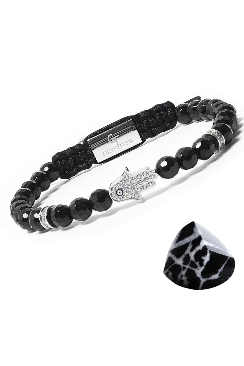 Lunnora black Black Onyx Beads Handmade Natural Stone Bead Bracelet – Bracelet for Men, Men’s Bracelet, Gifts for Men, Bracelets for Men – With Silver Hamsa Hand, Adjustable One Size Fits All for Men | Best Price UAE
