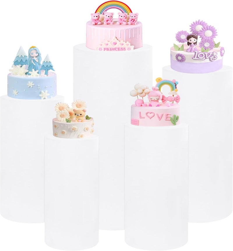 كلاراكو مجموعة من 5 أغطية حامل أسطواني من الإسباندكس قابلة للتمدد، وأغطية أعمدة عرض طاولة الحلوى، وأغطية دعائم الزفاف، وحفلات استقبال المولود الجديد، وحفلات أعياد الميلاد، وديكورات المناسبات (أبيض) - Image 1