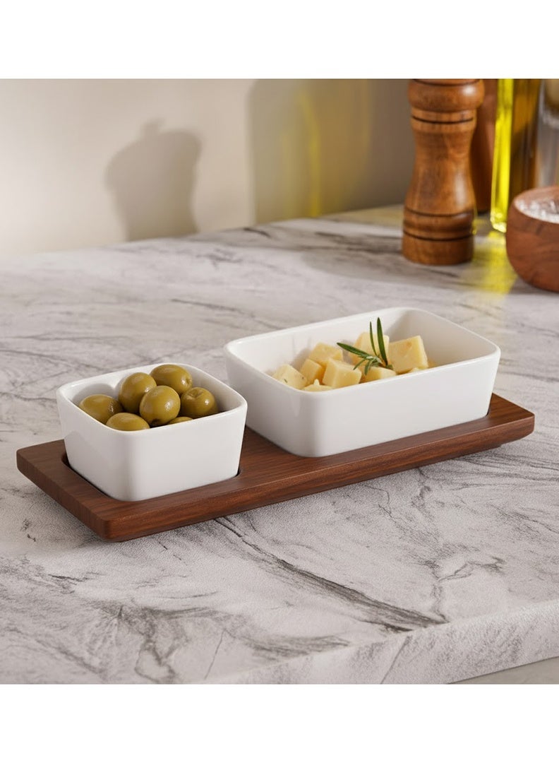 Shallow Acacia Wood Porcelain 2 Pieces Serving Set, 29cm, White & Brown - Image 2