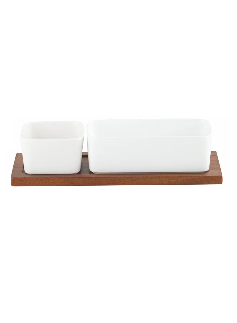 Shallow Shallow Acacia Wood Porcelain 2 Pieces Serving Set, 29cm, White & Brown
