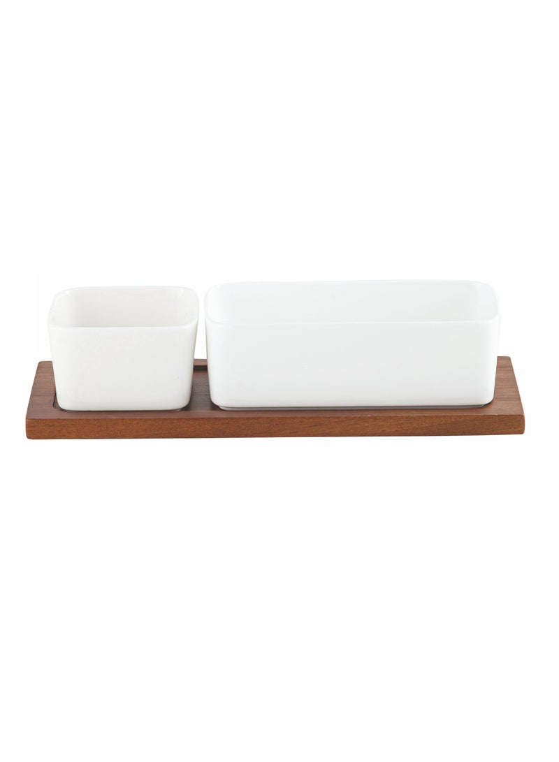 Shallow Shallow Acacia Wood Porcelain 2 Pieces Serving Set, 29cm, White & Brown - Image 1