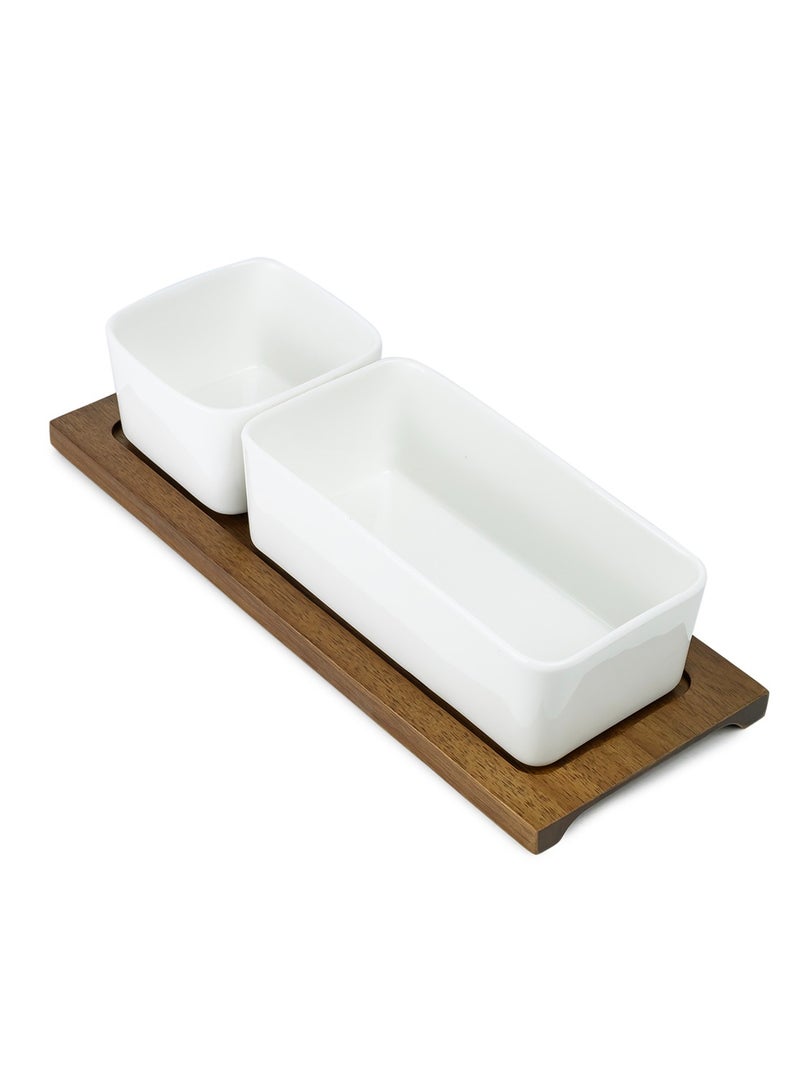 Shallow Shallow Acacia Wood Porcelain 2 Pieces Serving Set, 29cm, White & Brown - Image 4