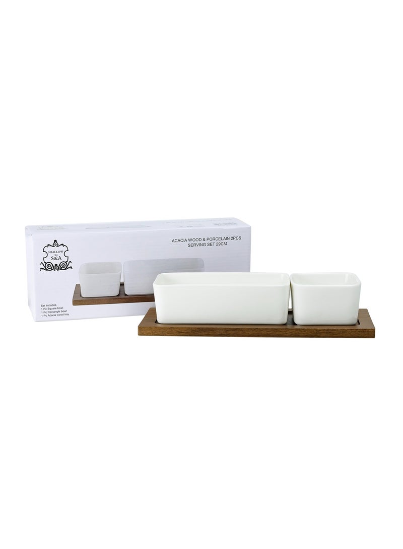 Shallow Shallow Acacia Wood Porcelain 2 Pieces Serving Set, 29cm, White & Brown - Image 2