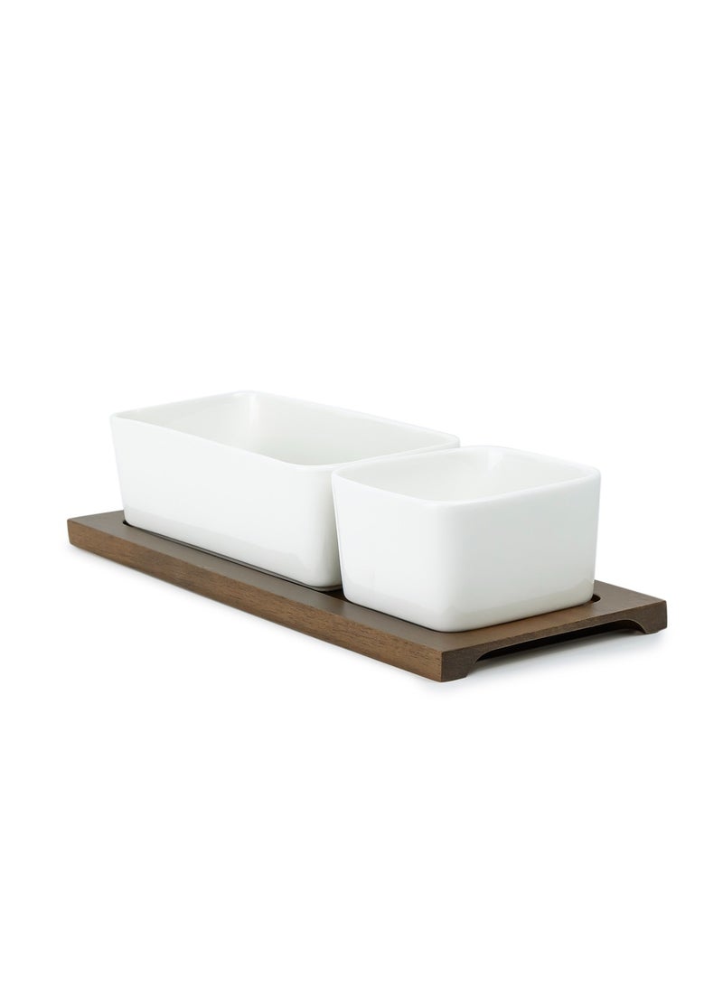 Shallow Shallow Acacia Wood Porcelain 2 Pieces Serving Set, 29cm, White & Brown - Image 3