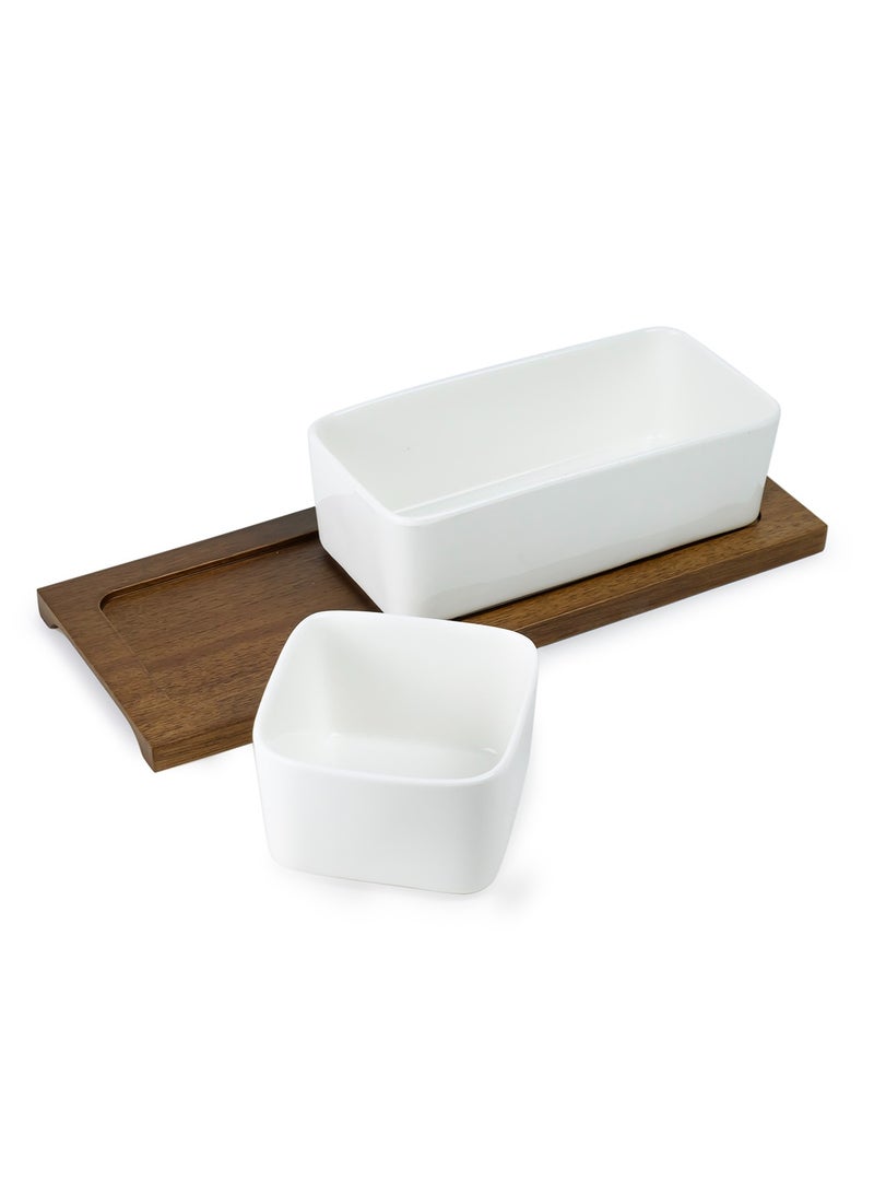 Shallow Shallow Acacia Wood Porcelain 2 Pieces Serving Set, 29cm, White & Brown - Image 5
