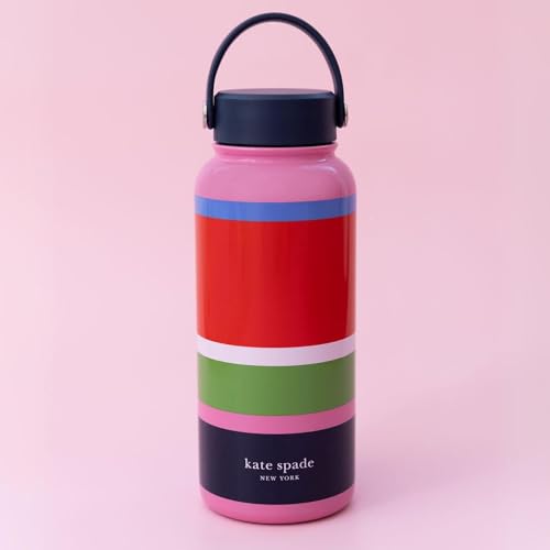 Kate Spade New York Large Insulated Stainless Steel Water Bottle, 33 Ounce Metal Water Bottle, Double Wall Travel Tumbler with Lid (Sunny Day Stripe) - Image 4
